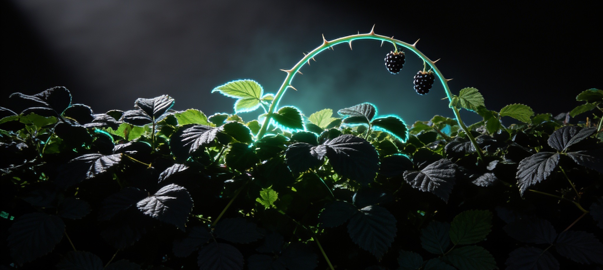 A bramble hedge at night — one arching, thorned vine rim-lit in mint above the dark leaves